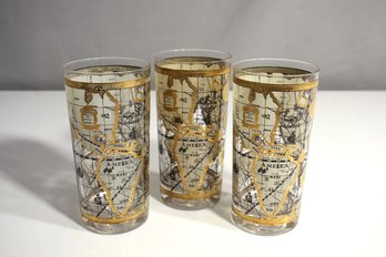 Vintage 3  Highball Glasses By Cera In The Old World Map Pattern