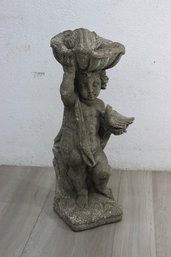 Weathered Concrete Cherub With Dove Garden Statue