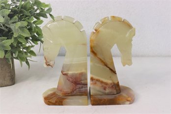 Vintage Marbled Onyx Trojan Horse Head Bookends