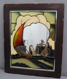 Sailboat At Sea Mosaic Stained Leaded Glass With Mirror, Framed