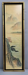 Beautiful Painted Chinese Silk Panel In Faux-Bamboo Frame