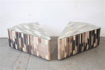 Vintage Upholstered Wedge Side Tables With Glass Tops