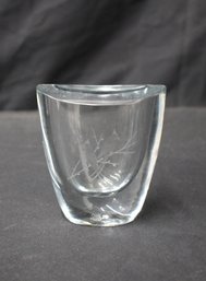 Strmbergshyttan Pale Blue Crystal Vase  Sweden Art Glass Etched Bird Vase