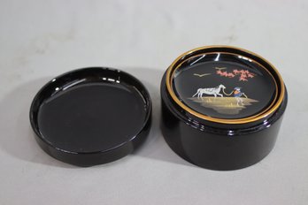 Vintage Japanese Black Lacquered Farm Life Coasters - Set Of 6 With Case