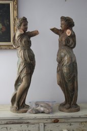 Pair Of  Terracotta Neoclassical Draped Female Statuettes