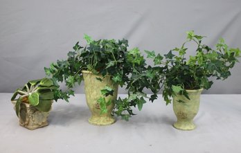 Group Lot Of 3 Faux House Plants In Decorative Planters