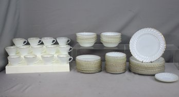 66pc Group Lot Of Vintage Anchor Hocking Fire King Gold Trim Milk Glass Swirl Dinnerware