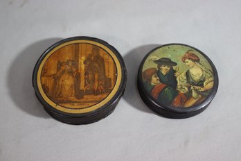 Two Vintage Painted Wood Round Trinket Boxes