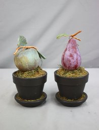 Two Decorative Faux Apple And Faux Pear In Planters
