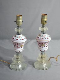 Pair Of Hand Painted Milk Glass And Cut Glass Base Accent/Vanity Lamps