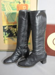 Vintage Joyce California Knee High Black Leather Low Heel Boots -size 6.5