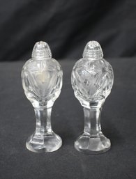 Set Of 2 Pedestal Engraved Glass Salt And Pepper Shakers.