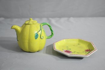 Vintage Small Ceramic Yellow Teapot And Octagonal Plate