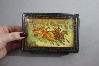 Vintage Hand-Painted Black Lacquer Footed Trinket Box With Red Lacquer Interior