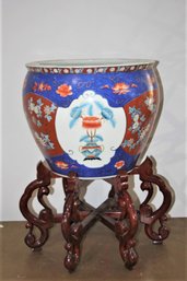 Large Chinese Porcelain Koi Fish Bowl Jardinere On Mahogany Base