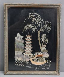 Vintage Colored Rice Straw Pagoda/River Scene On Black Ground