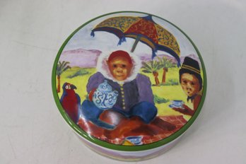 Mischief-The Monkey And The Peddler By Liz Ross Round Trinket Box