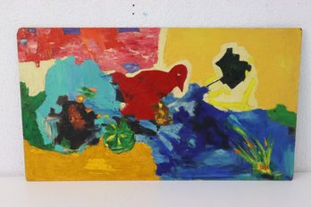 Semi-Abstract Garden With Red Bird Oil On Board, Unsigned And Unframed