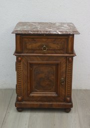 Vintage Marble Topped Nightstand With Burl And Flame Veneers