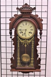 Vintage Art Nouveau Regulator Wall Clock With Pendulum, Winding Key
