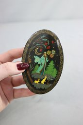 Vintage Hand-Painted Black Lacquer Oval Trinket Box With Red Lacquer Interior