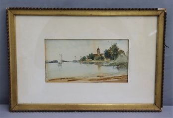 Vintage Original Watercolor Farmhouse On Riverbank