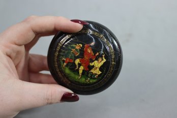 Vintage Hand-Painted Black Lacquer Small Round Box With Red Lacquer Interior