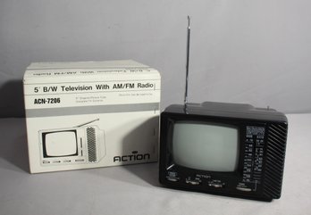 ACTION ACN-7206 Portable Black & White TV Television With AM/FM Radio - New Never Used