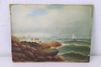 Antique Oil On Canvas Coastal Landscape, Signed LR -canvas Only No Stretcher No Frame
