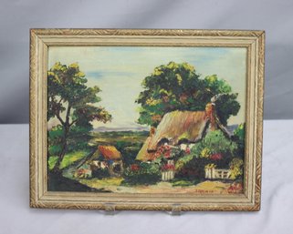 Original Oil On Canvas Panel Country Cottage Landscape, Signed And Dated J. Harmon '43