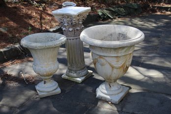 Group Lot Of 2 Concrete Pedestal Urn Planters And 1 Concrete Column Plinth AS Is Condition