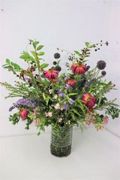 Artificial Flower Bouquet In Rustic Glass Vase With Wire Mesh Cage Wrap