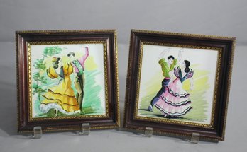 Pair Of Vintage Framed Hand Painted Tiles Of Spanish Dancers-7.5' X 7.5'