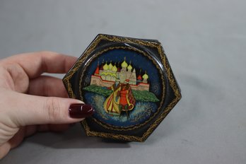 Vintage Russian Black Lacquer Wooden Trinket Box Hand Painted Hinged