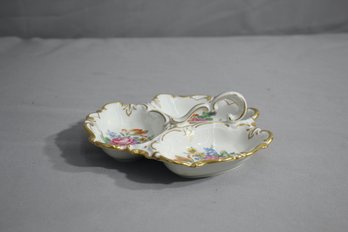 Vintage JL Menau Hand-Enameled German Porcelain Three Section Dish With Handle