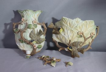 Vintage Hand Painted Bisque Porcelain Wall Sconce Vases  With Applied Flowers, Birds, Branches