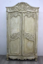 Vintage Whitewashed Armoire With Ornate Carvings And Inner Light Switch
