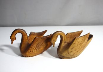 Pair Of Vintage Hand-carved Wooden Swan Set