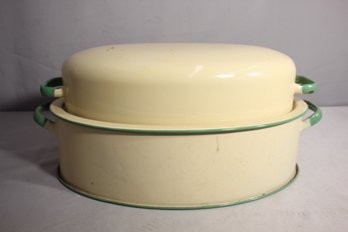 Vintage Cream & Green Oval Enamelled Roasting Pot