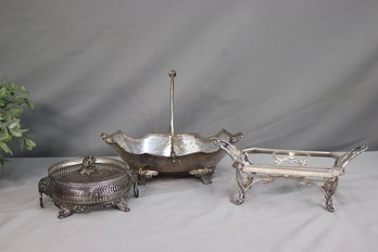 3Assorted Lot Of Serving Stands And Basket