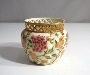 Vintage ZSOLNAY Pierced Rim Gold Trim Cache Pot Vase Hungary