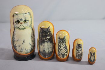 Cat Nesting Dolls, Hand Made In Wood And Painted In Russia