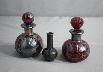 2 Art Nouveau  Cranberry Silver Overlay Perfume Bottles And 1 Smaller Green Overlay Vase