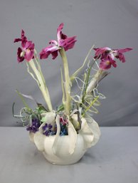 Faux Cattleya Orchids In Art Pottery Planter