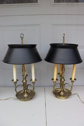 Pair Of  Brass Bouillotte Lamp With  Black Tole Painted Metal Shade.