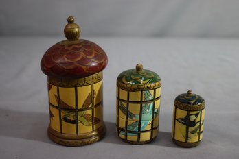 Vintage Hand Painted Wooden 3 Piece Bird Cages Nesting Doll