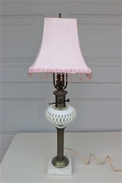 White Cut To Clear Glass And Marble Base  Table Lamp With A Pink Shade