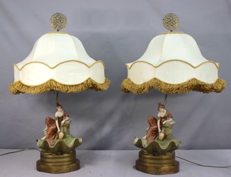 Pair Of Porcelain Figural Lamps With Brass Bases & Fringe Pagoda Shades