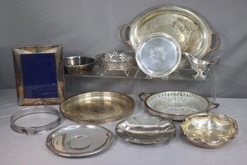 Group Lot Of Silver-plated Trays And Frame