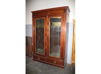 Antique French Empire Style Wardrobe Cabinet With Bevel Mirror Doors